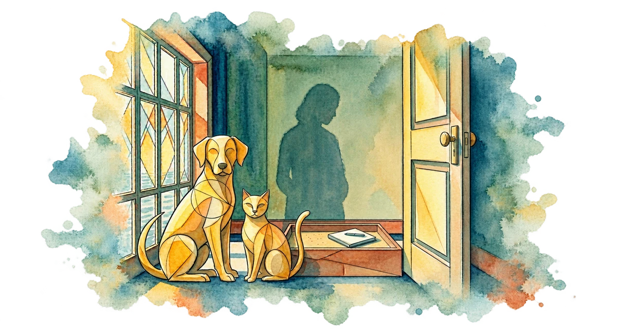 Dog and cat artwork representing a welcoming point of contact