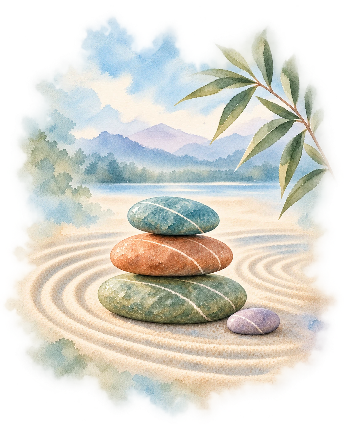 Teal, terracotta and sage stones stacked on raked sand beside a lavender pebble